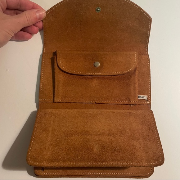 Vtg 1970's Hippie Suede Wallet Floral Snap Closure Clutch Brown Leather Brazil - Picture 3 of 10